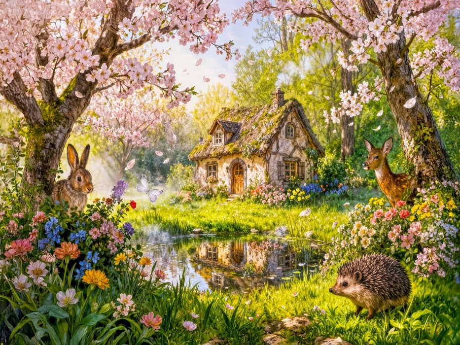 Frühlings‑Cottage mit Kirschblüten und Gartenteich - CALVENDO Foto-Puzzle'