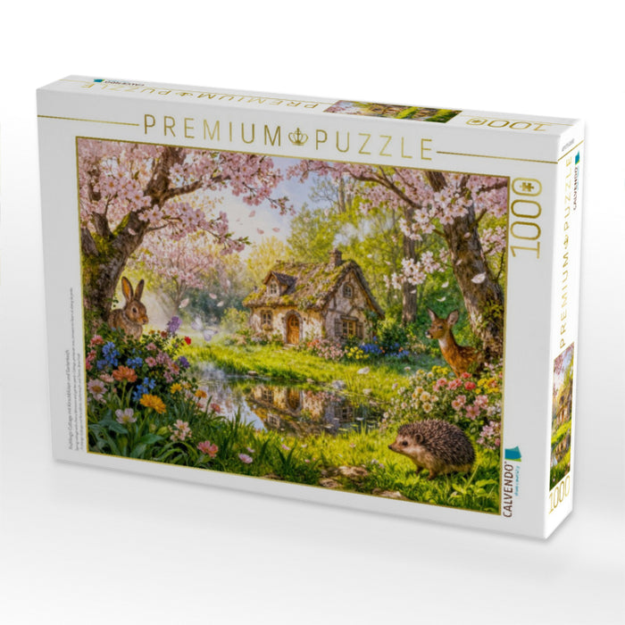 Frühlings‑Cottage mit Kirschblüten und Gartenteich - CALVENDO Foto-Puzzle'