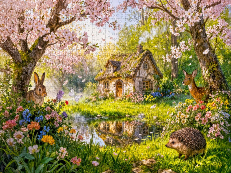 Frühlings‑Cottage mit Kirschblüten und Gartenteich - CALVENDO Foto-Puzzle'
