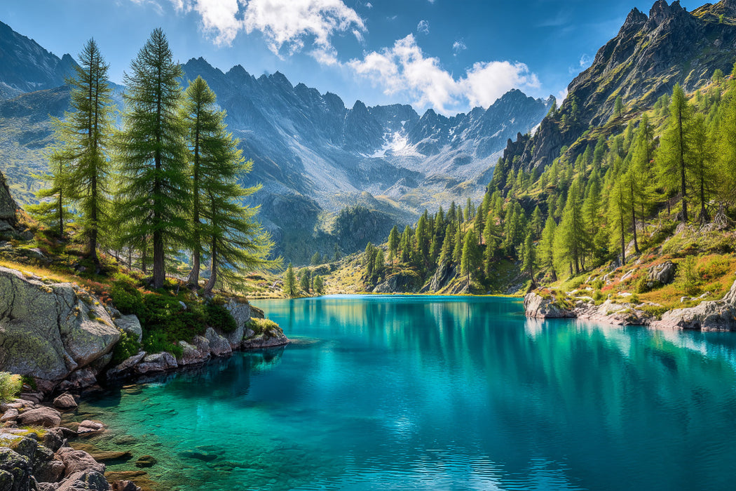 Premium Textil-Leinwand Zwischen türkisblauem Wasser und grüne Wälder erwacht die Seele der Alpen neu