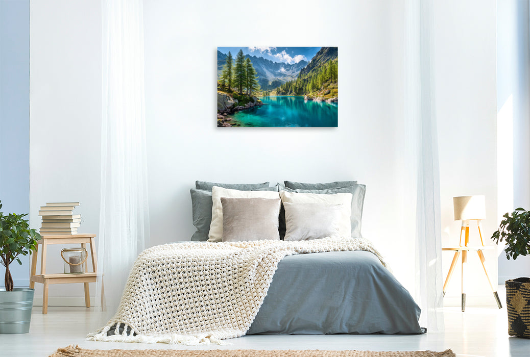 Premium Textil-Leinwand Zwischen türkisblauem Wasser und grüne Wälder erwacht die Seele der Alpen neu