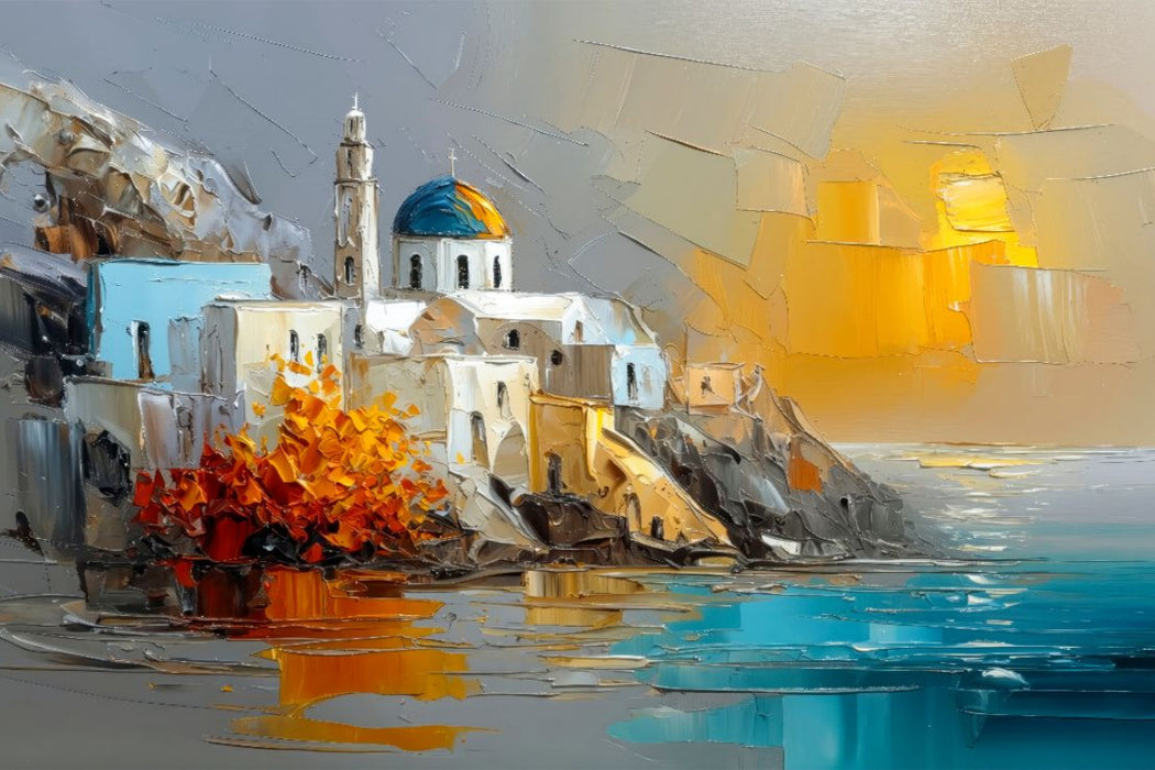 Premium Textil-Leinwand Ein Nachmittag in Santorini - das Sonnenlicht streift die weißen Kykladenhäuser auf der Klippe