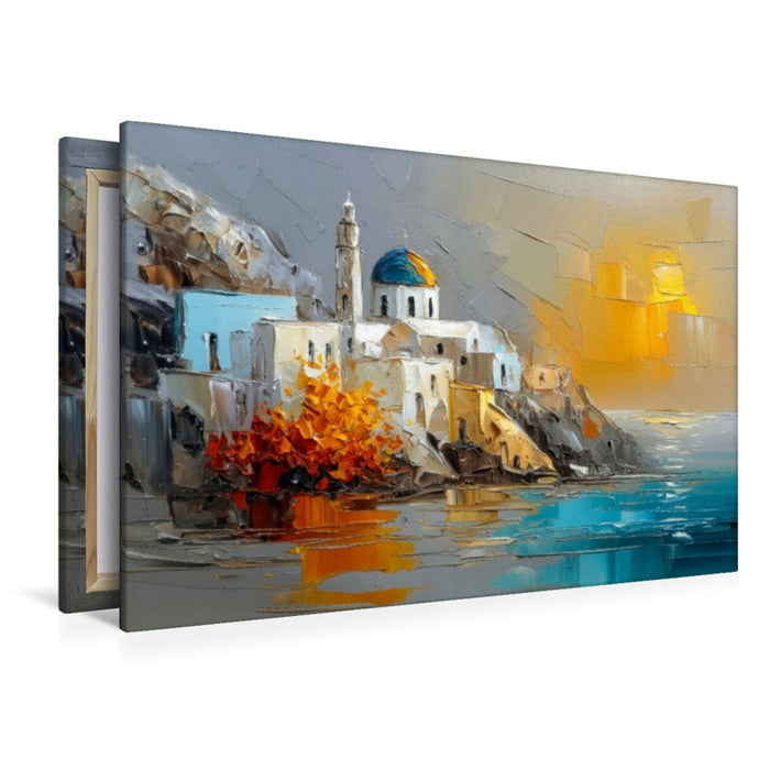 Premium Textil-Leinwand Ein Nachmittag in Santorini - das Sonnenlicht streift die weißen Kykladenhäuser auf der Klippe