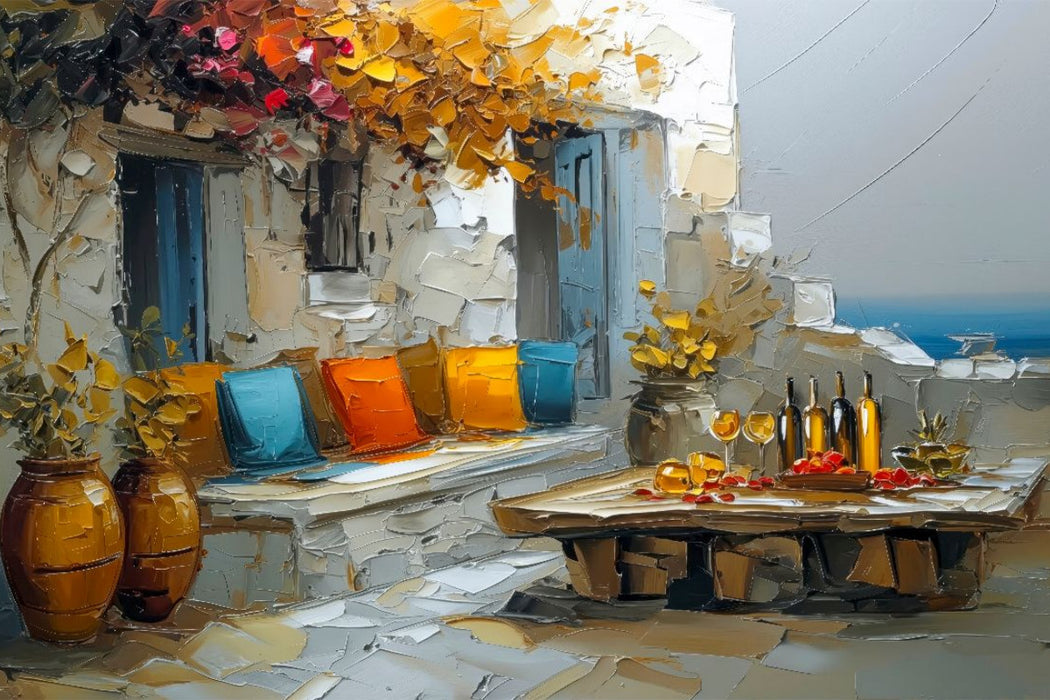 Premium Textil-Leinwand Mykonos - Abendstimmung auf einer Gartenterrasse