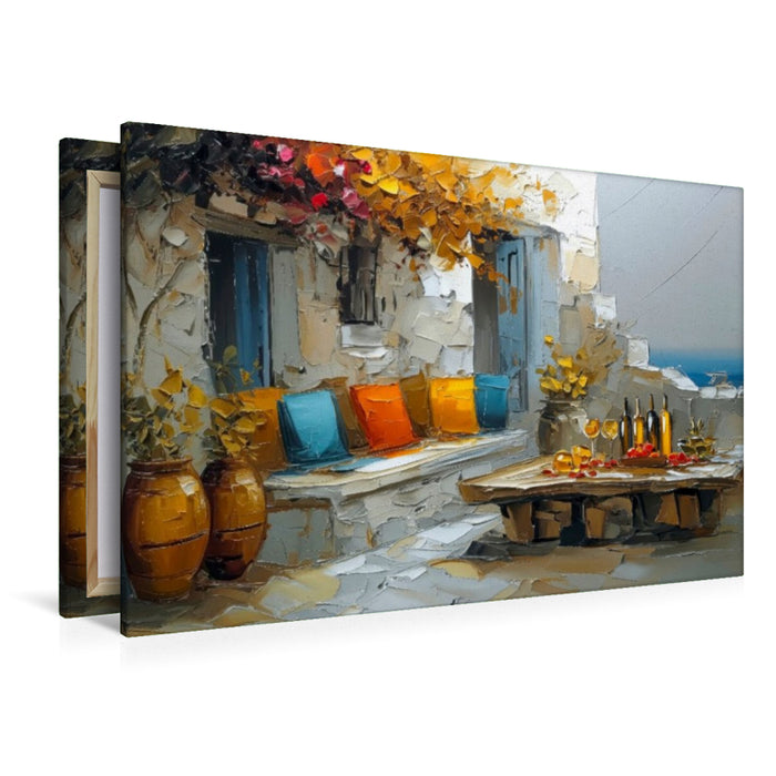 Premium Textil-Leinwand Mykonos - Abendstimmung auf einer Gartenterrasse