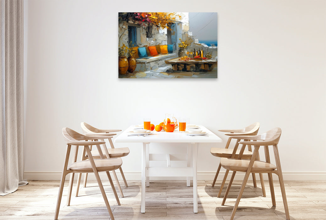 Premium Textil-Leinwand Mykonos - Abendstimmung auf einer Gartenterrasse