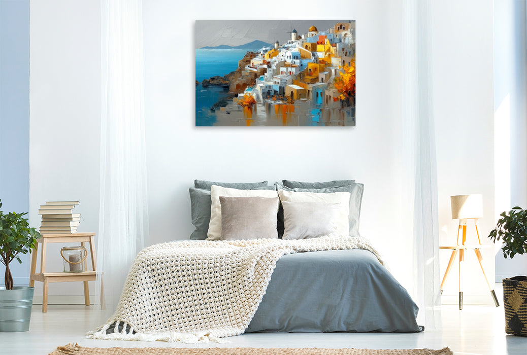 Premium Textil-Leinwand Santorini - am frühen Morgen