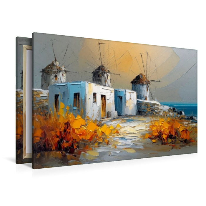 Premium Textil-Leinwand Mykonos - Kykladenhäuser und Windmühlen