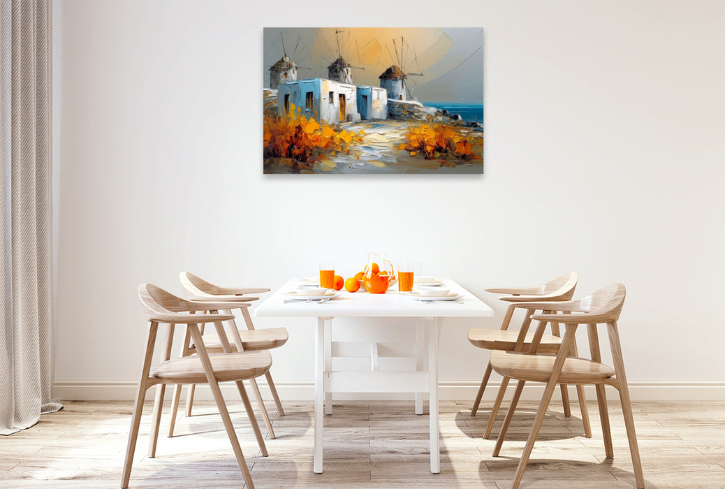 Premium Textil-Leinwand Mykonos - Kykladenhäuser und Windmühlen