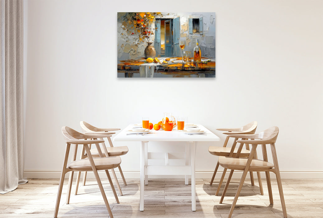 Premium Textil-Leinwand Eine rustikale mediterrane Tafel nach dem Mittagessen