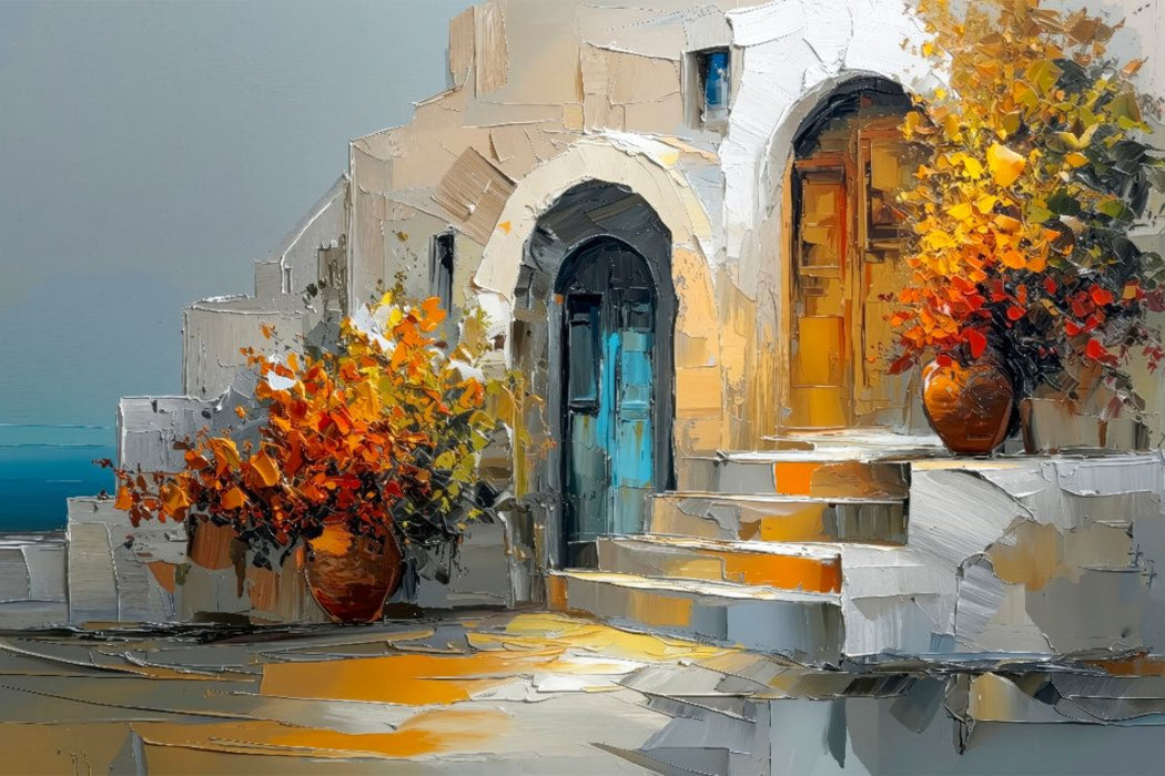 Premium Textil-Leinwand Kykladenarchitektur an der ägäischen Küste