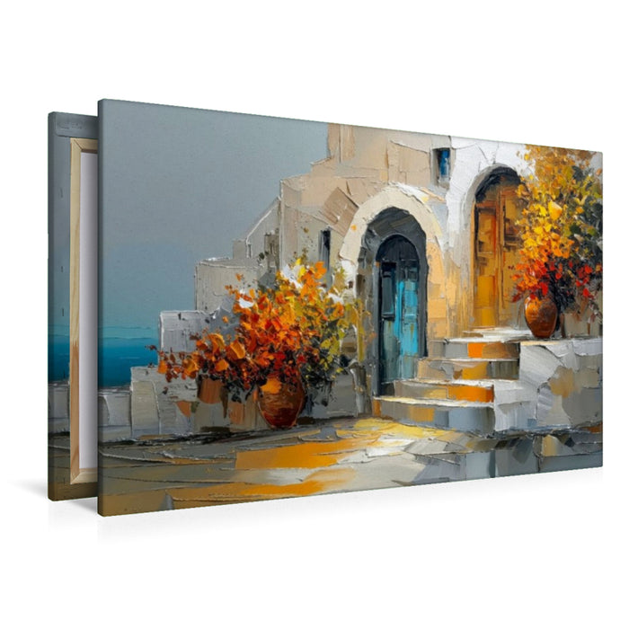 Premium Textil-Leinwand Kykladenarchitektur an der ägäischen Küste