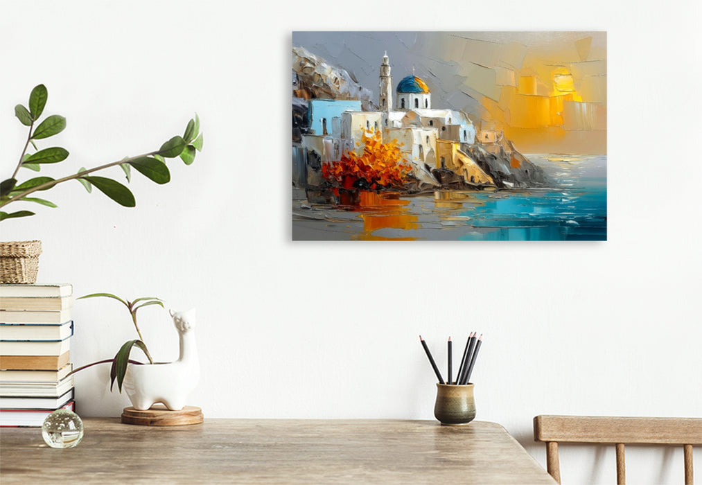 Premium Textil-Leinwand Ein Nachmittag in Santorini - das Sonnenlicht streift die weißen Kykladenhäuser auf der Klippe