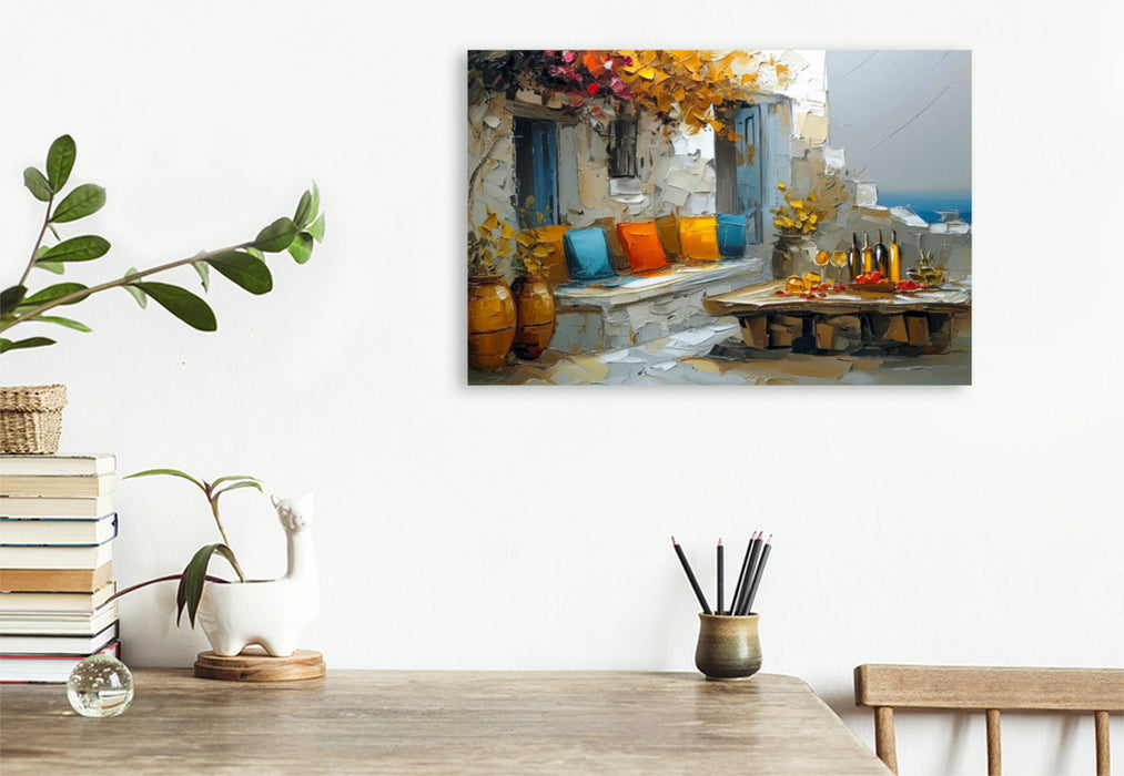 Premium Textil-Leinwand Mykonos - Abendstimmung auf einer Gartenterrasse