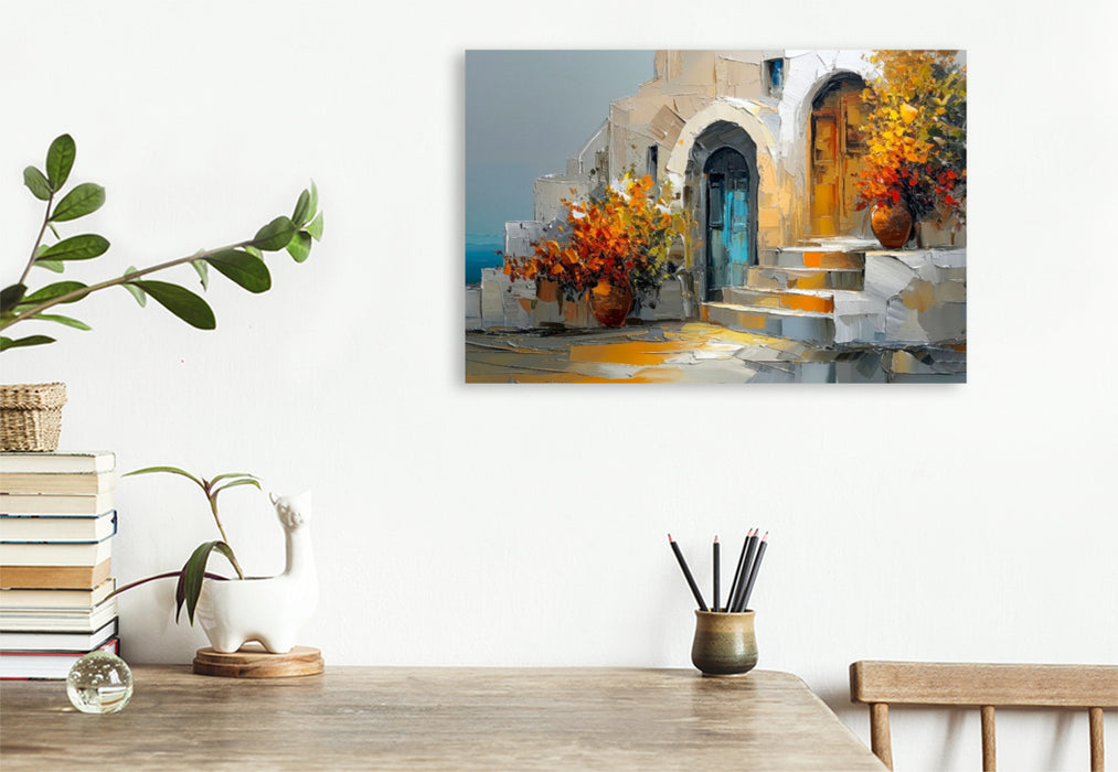 Premium Textil-Leinwand Kykladenarchitektur an der ägäischen Küste