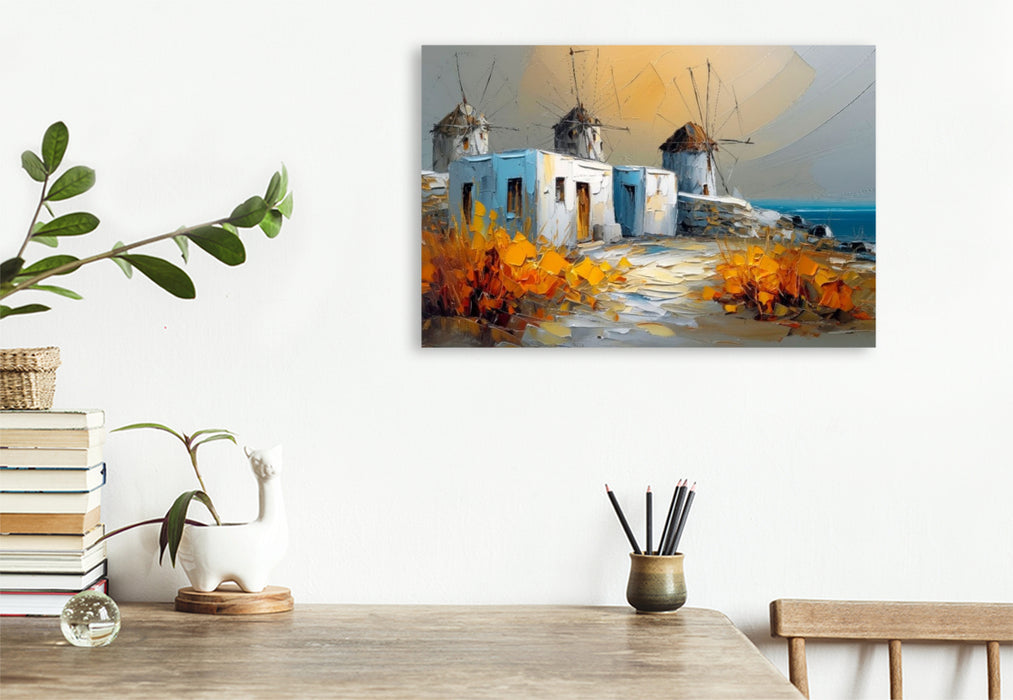 Premium Textil-Leinwand Mykonos - Kykladenhäuser und Windmühlen