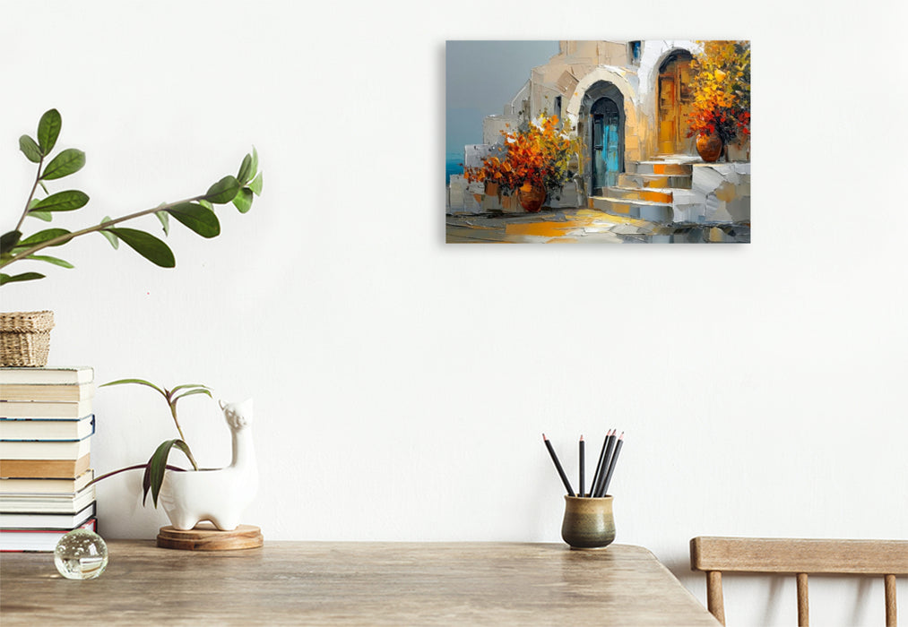 Premium Textil-Leinwand Kykladenarchitektur an der ägäischen Küste