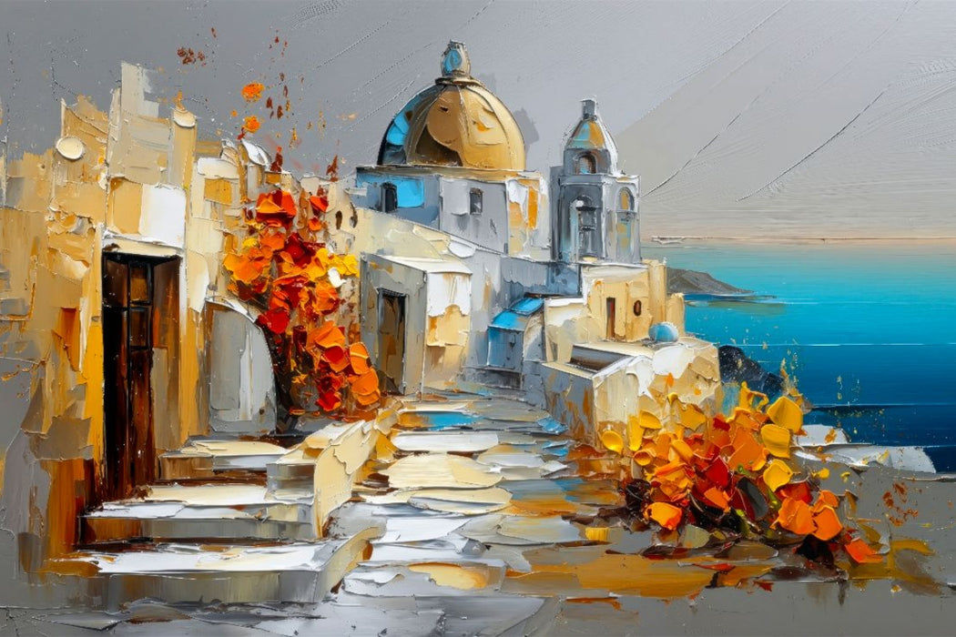 Premium Textil-Leinwand Santorini - Blick auf die weißen Kykladenhäuser