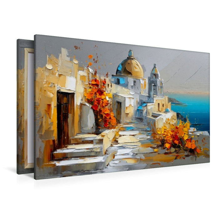 Premium Textil-Leinwand Santorini - Blick auf die weißen Kykladenhäuser