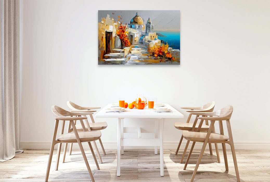 Premium Textil-Leinwand Santorini - Blick auf die weißen Kykladenhäuser