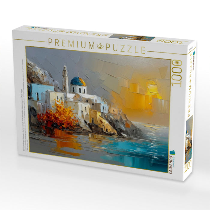 Ein Nachmittag in Santorini - das Sonnenlicht streift die weißen Kykladenhäuser auf der Klippe - CALVENDO Foto-Puzzle'