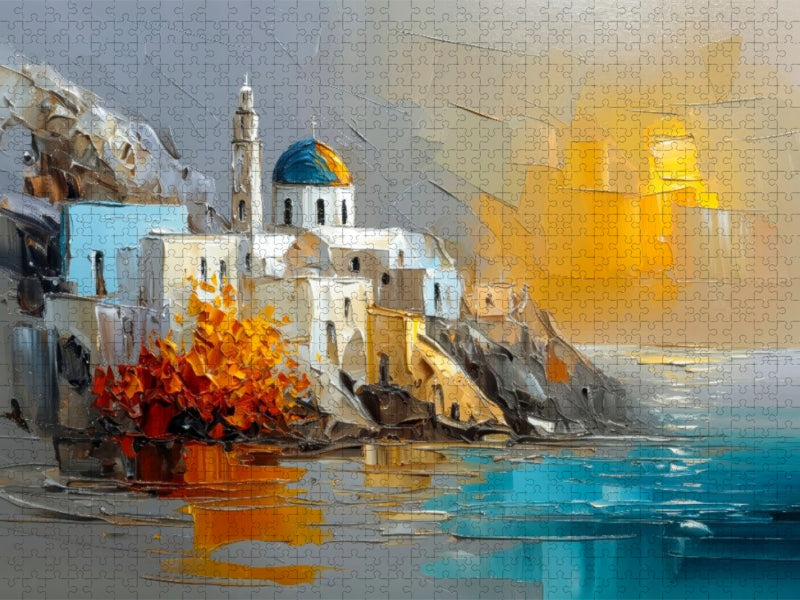 Ein Nachmittag in Santorini - das Sonnenlicht streift die weißen Kykladenhäuser auf der Klippe - CALVENDO Foto-Puzzle'