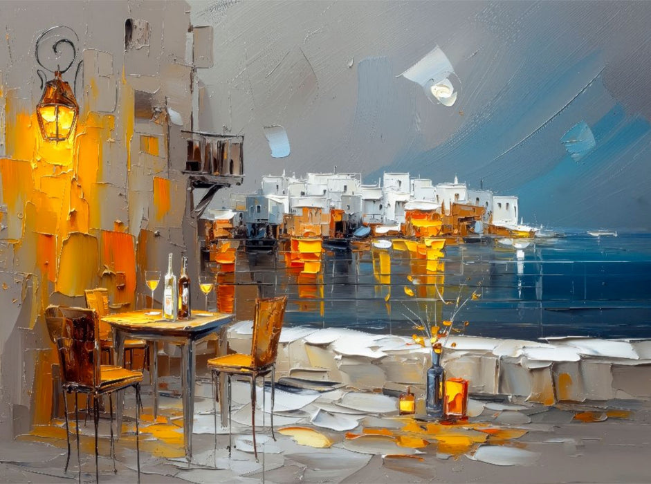 Mykonos am Abend - ein kleines Strandcafe lädt zum Verweilen ein - CALVENDO Foto-Puzzle'