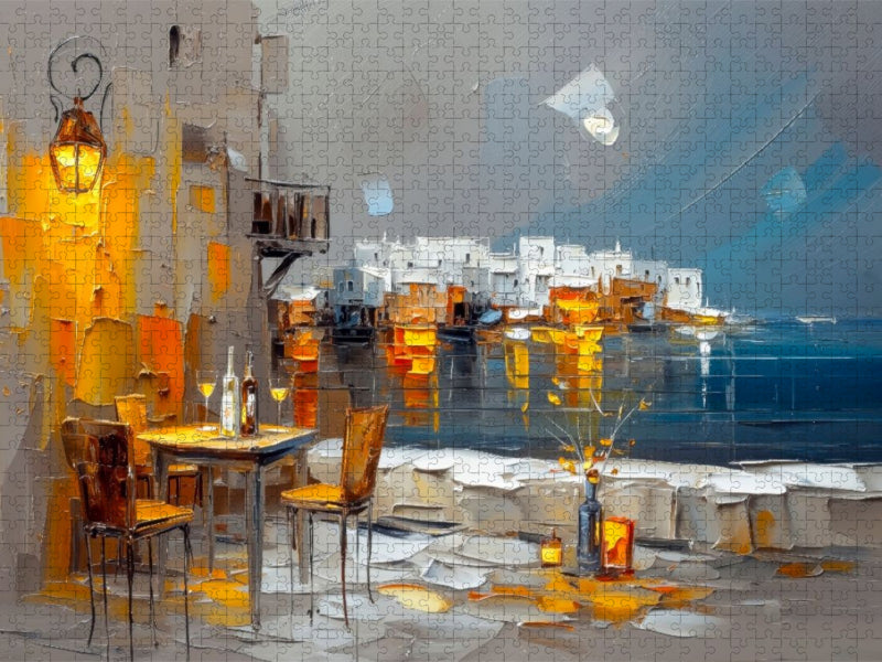 Mykonos am Abend - ein kleines Strandcafe lädt zum Verweilen ein - CALVENDO Foto-Puzzle'
