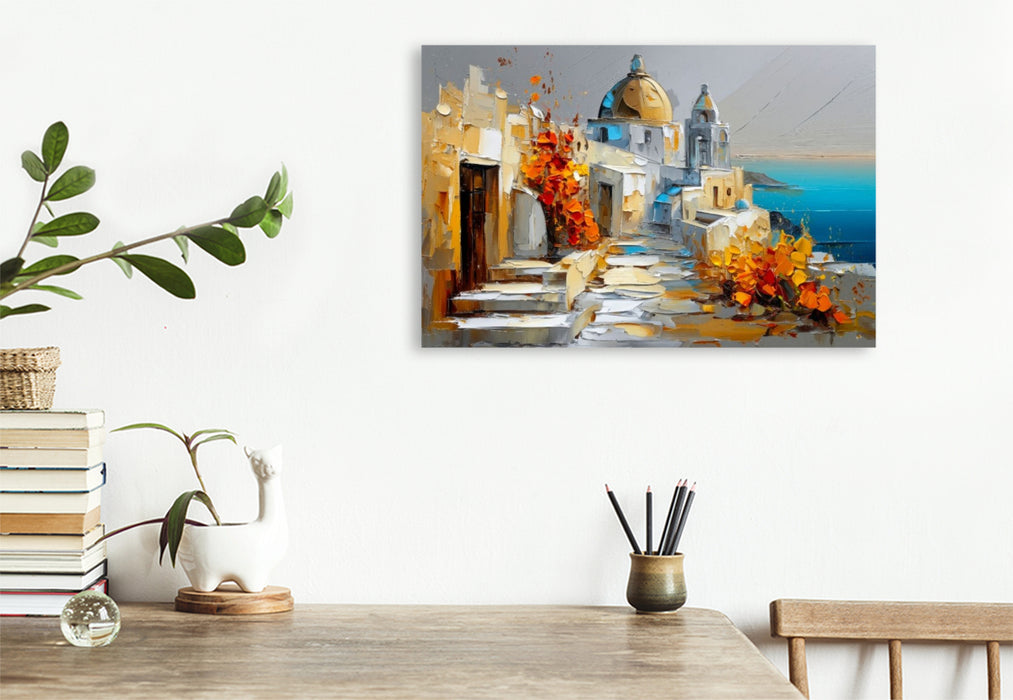 Premium Textil-Leinwand Santorini - Blick auf die weißen Kykladenhäuser