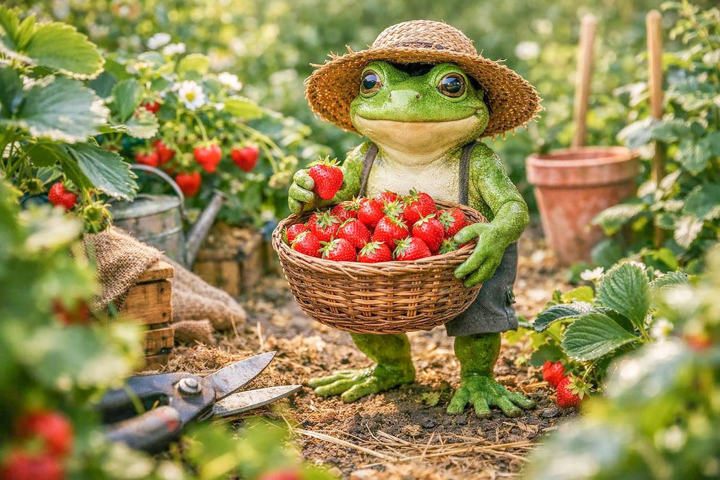 Premium Textil-Leinwand Frosch bei der Erdbeer Ernte