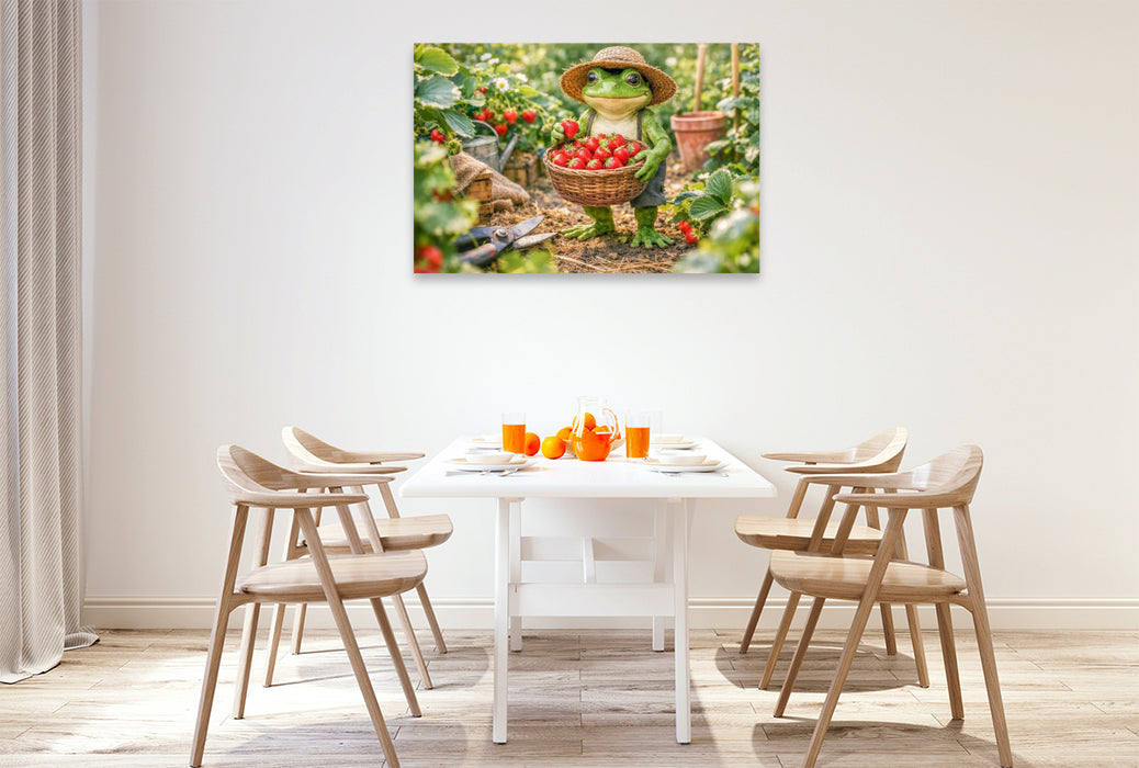 Premium Textil-Leinwand Frosch bei der Erdbeer Ernte