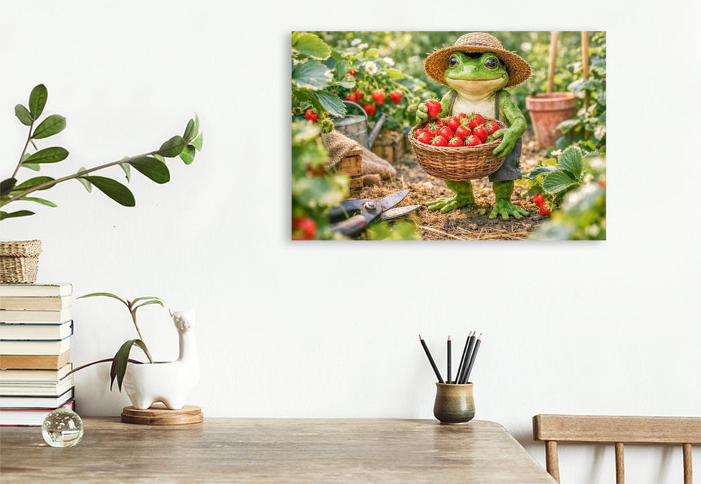 Premium Textil-Leinwand Frosch bei der Erdbeer Ernte