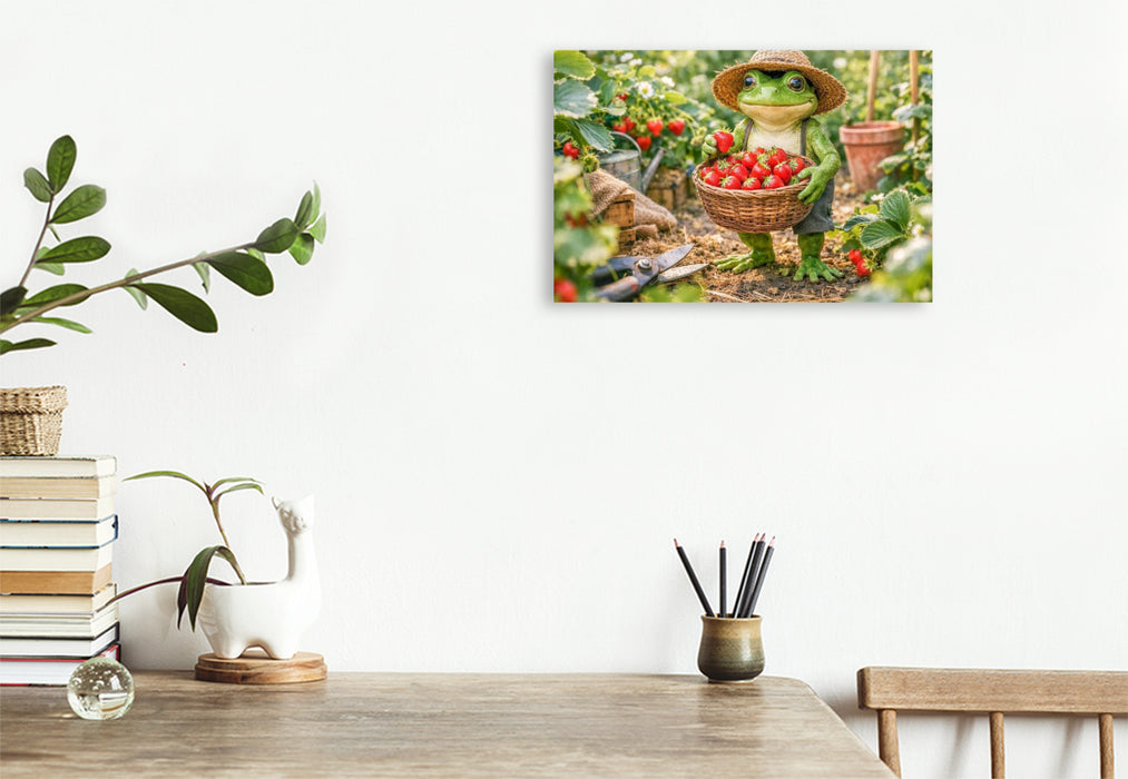 Premium Textil-Leinwand Frosch bei der Erdbeer Ernte