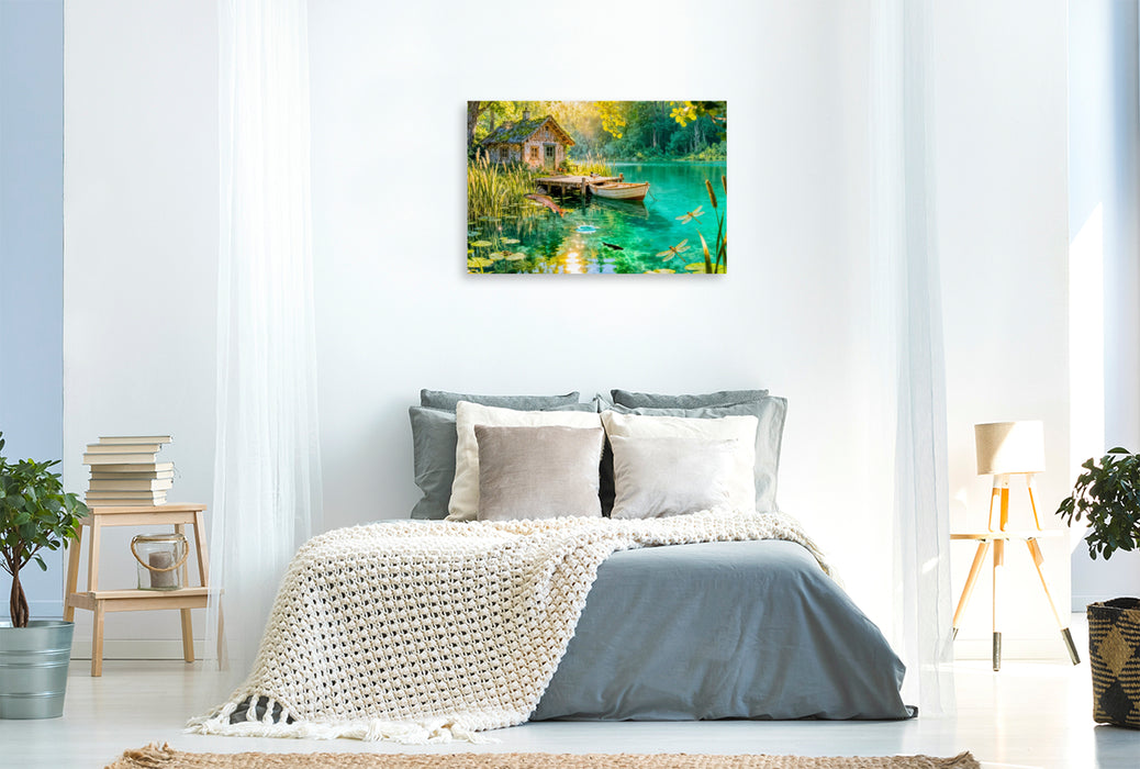 Premium Textil-Leinwand Cottage Fischerhütte am Weiher mit springenden Forellen