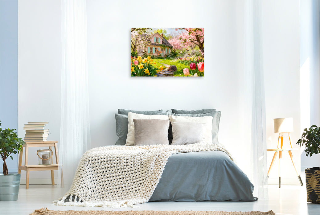 Premium Textil-Leinwand Frühlings‑Cottage im Garten mit Igel und Blütenzauber