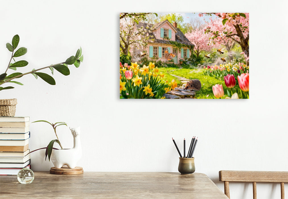 Premium Textil-Leinwand Frühlings‑Cottage im Garten mit Igel und Blütenzauber