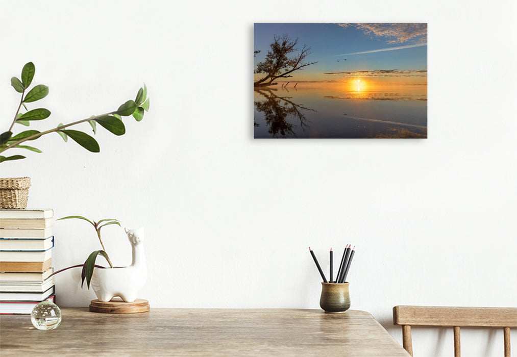 Premium Textil-Leinwand Nebeliger Morgen über der Müritz