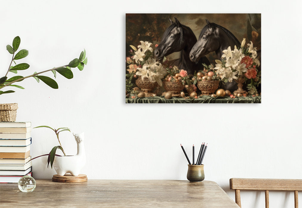 Premium Textil-Leinwand Licht fällt sanft auf neues Leben – Hoffnung steht auf vier Hufen