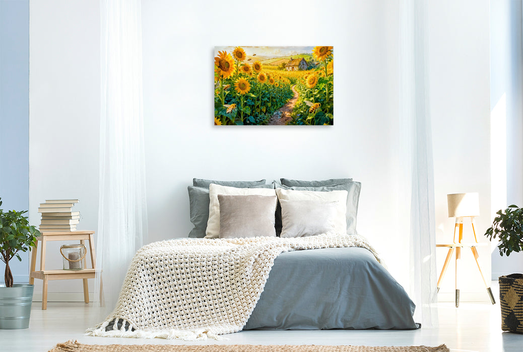 Premium Textil-Leinwand Cottage im Sonnenblumenfeld mit Katze auf dem Weg