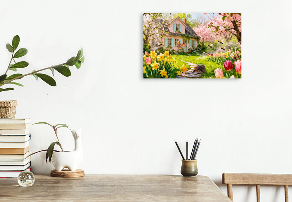 Premium Textil-Leinwand Frühlings‑Cottage im Garten mit Igel und Blütenzauber