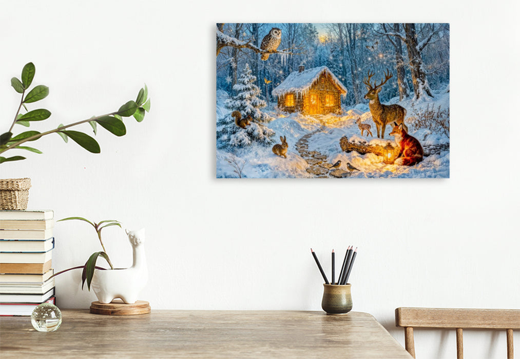 Premium Textil-Leinwand Winter‑Cottage im Wald mit Eule, Hase, Hirsch, Fuchs