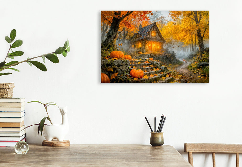 Premium Textil-Leinwand Herbst‑Cottage im bunten Wald mit Kürbis und Fuchs