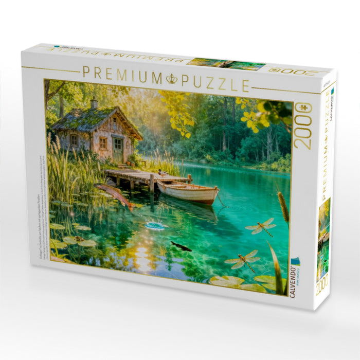 Cottage Fischerhütte am Weiher mit springenden Forellen - CALVENDO Foto-Puzzle'