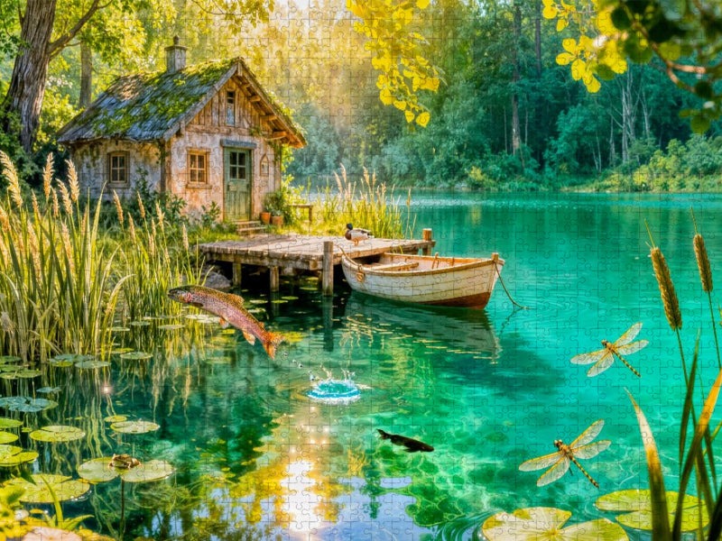 Cottage Fischerhütte am Weiher mit springenden Forellen - CALVENDO Foto-Puzzle'