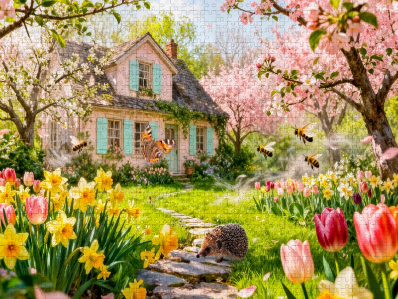 Frühlings‑Cottage im Garten mit Igel und Blütenzauber - CALVENDO Foto-Puzzle'
