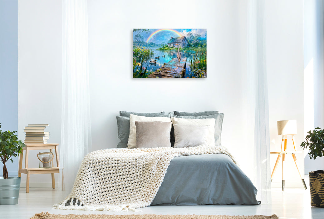 Premium Textil-Leinwand Cottage am See mit Regenbogen und Wasservögeln