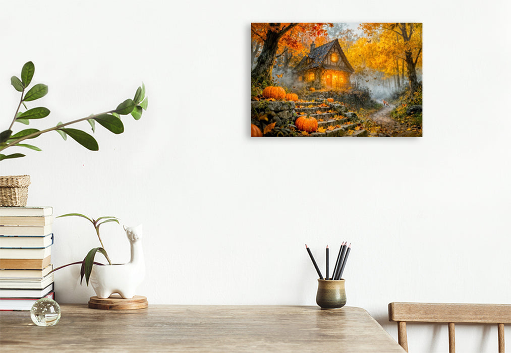 Premium Textil-Leinwand Herbst‑Cottage im bunten Wald mit Kürbis und Fuchs