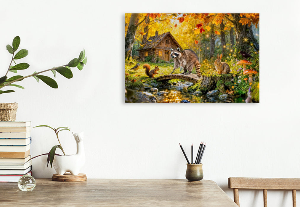 Premium Textil-Leinwand Herbst‑Cottage am Bach mit Ahornbaum und Waldtieren