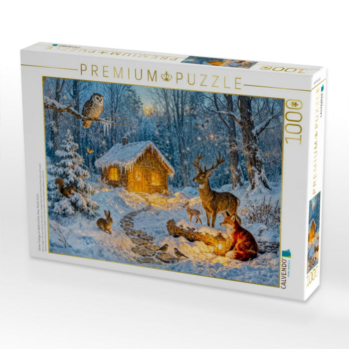 Winter‑Cottage im Wald mit Eule, Hase, Hirsch, Fuchs - CALVENDO Foto-Puzzle'