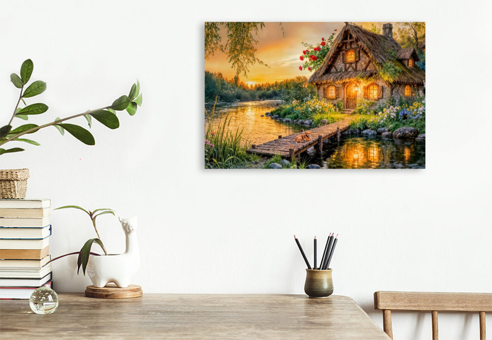 Premium Textil-Leinwand Spätsommer‑Cottage am Fluss mit Hund auf der Brücke